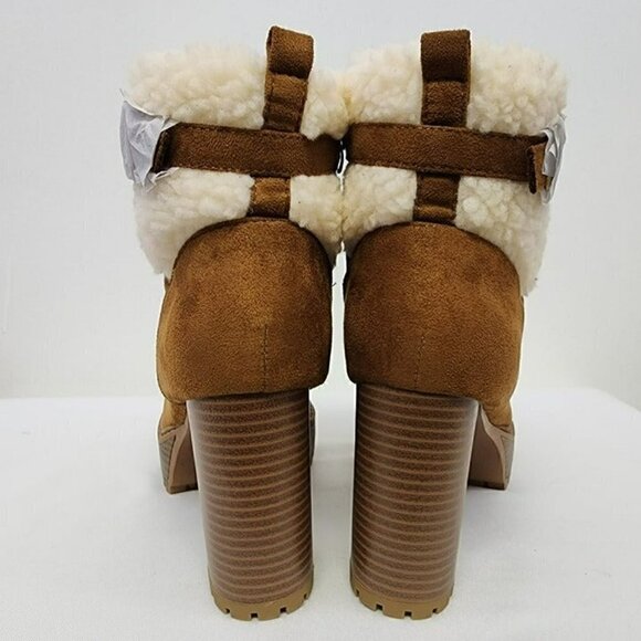 Brown Faux Suede Shearling Cuff Lug Sole Booties 7.5 - Picture 7 of 12